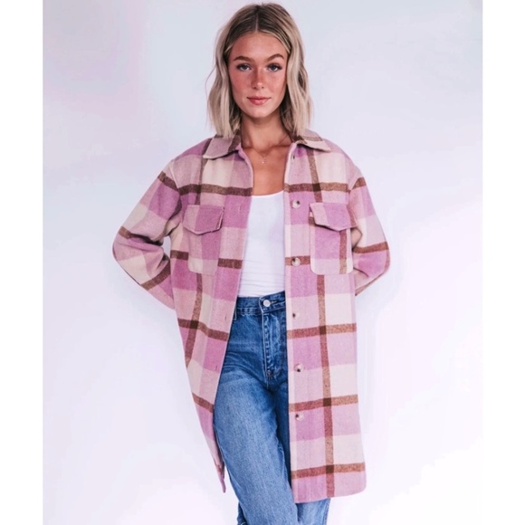 BLANK NYC I Feel You Purple, White & Brown Shacket Long Shirt Jacket - Picture 2 of 5